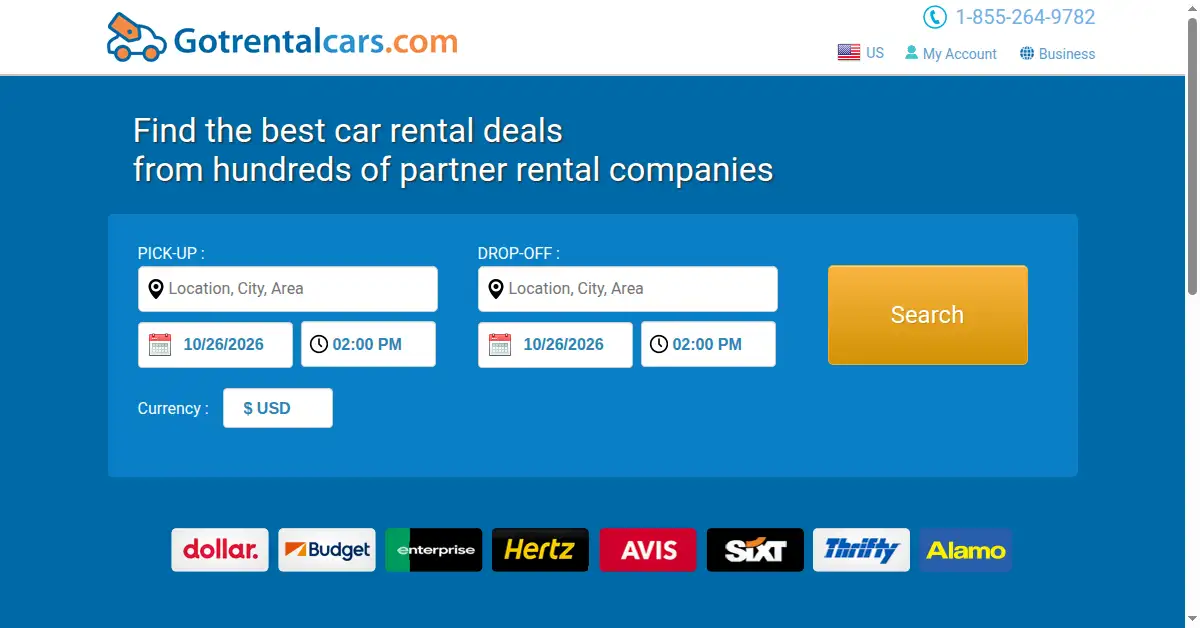 A picture of the homepage of gotrentalcars.com