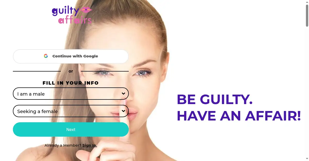 A picture of the homepage of guiltyaffairs.com