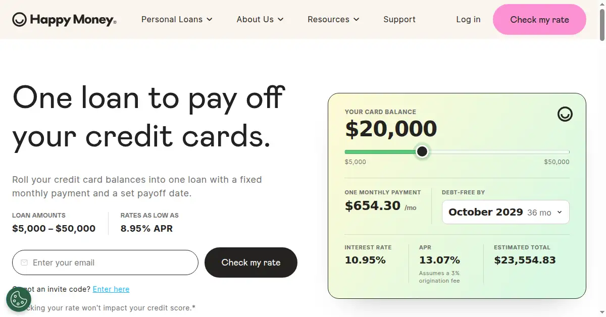 A picture of the homepage of happymoney.com