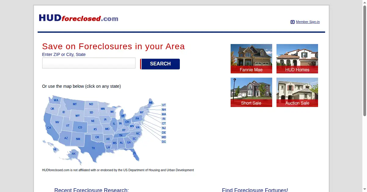 A picture of the homepage of hudforeclosed.com