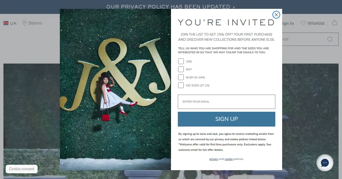 A picture of the homepage of janieandjack.com