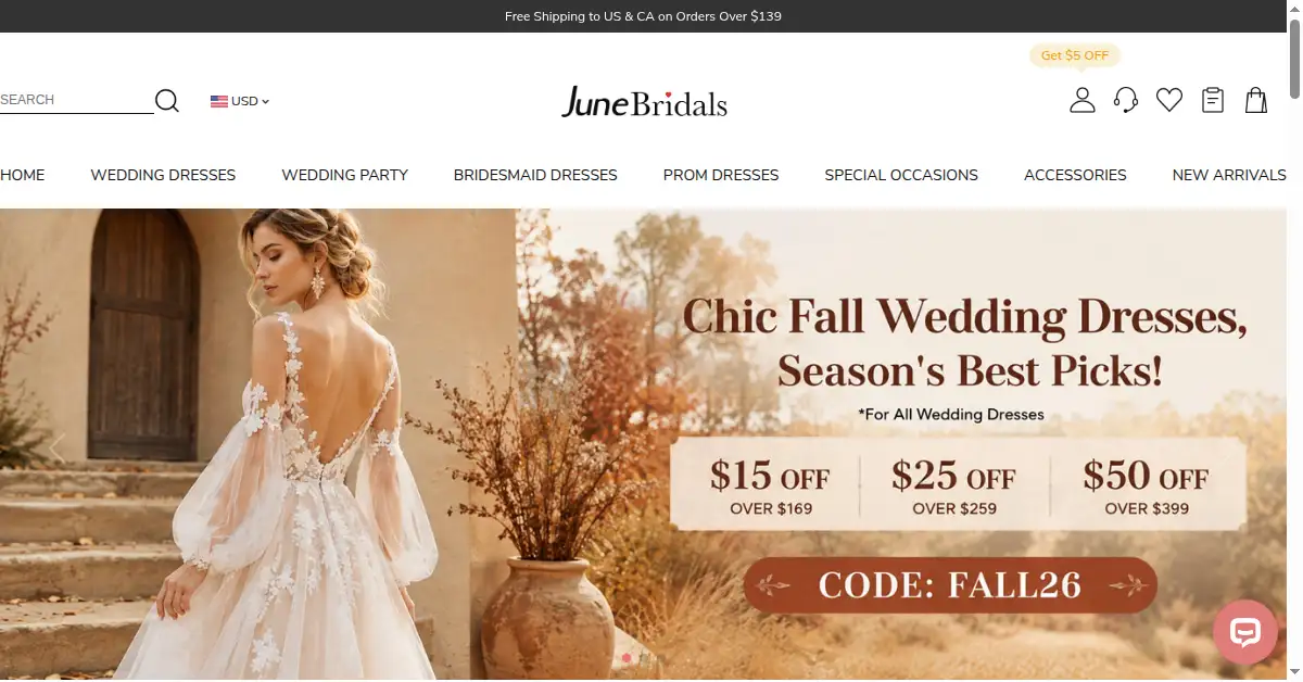 A picture of the homepage of junebridals.com