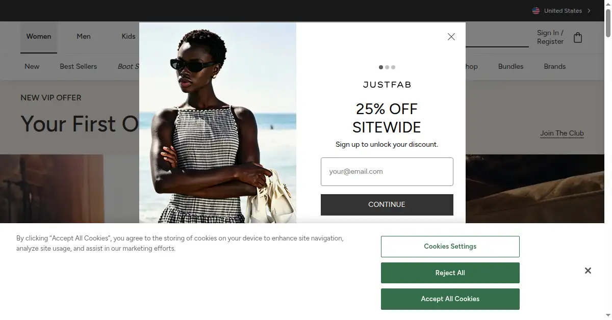 A picture of the homepage of justfab.com