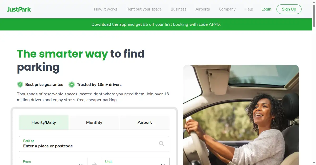 A picture of the homepage of justpark.com