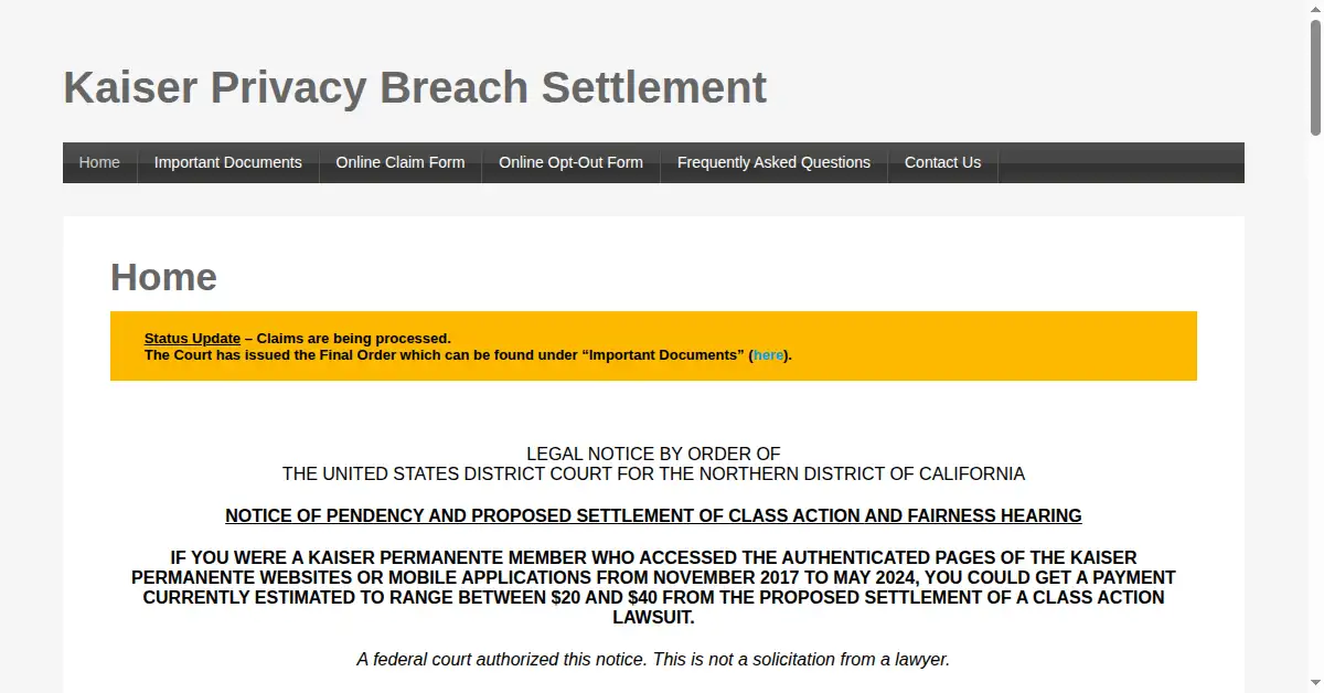 A picture of the homepage of kaiserprivacysettlement.com