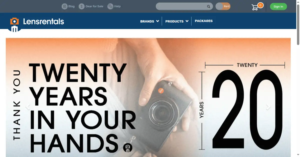 A picture of the homepage of lensrentals.com