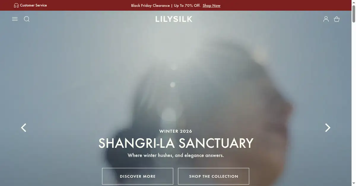 A picture of the homepage of lilysilk.com