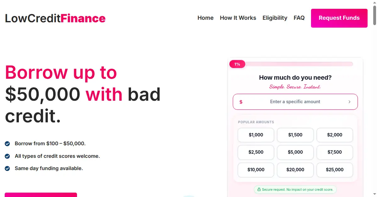 A picture of the homepage of lowcreditfinance.com