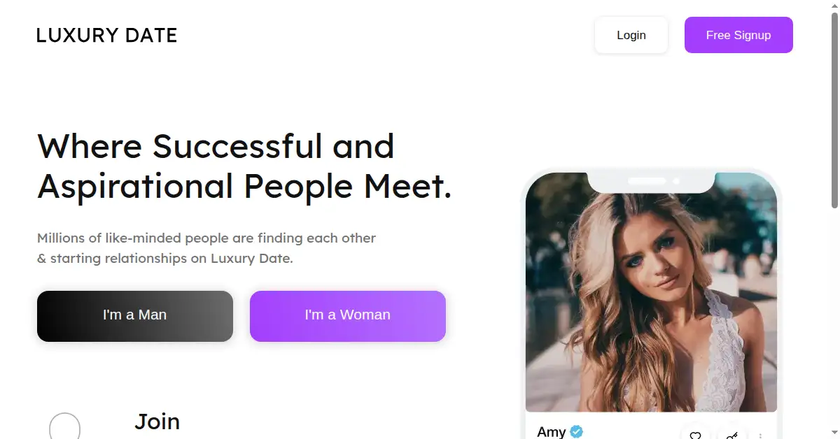 A picture of the homepage of luxurydate.com