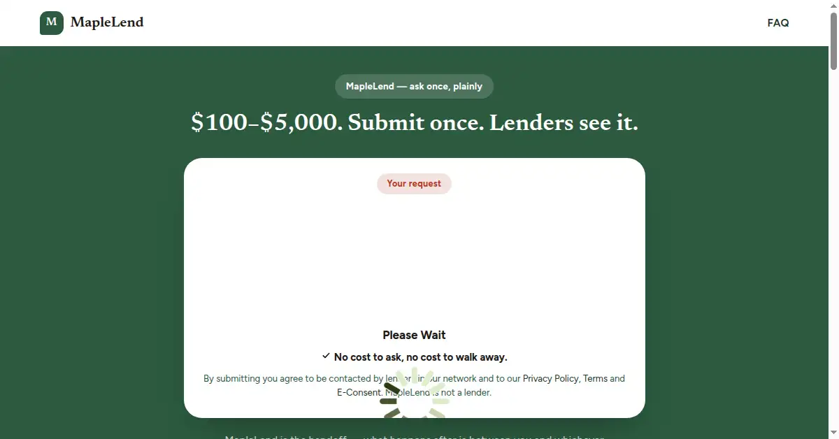 A picture of the homepage of maplelend.com