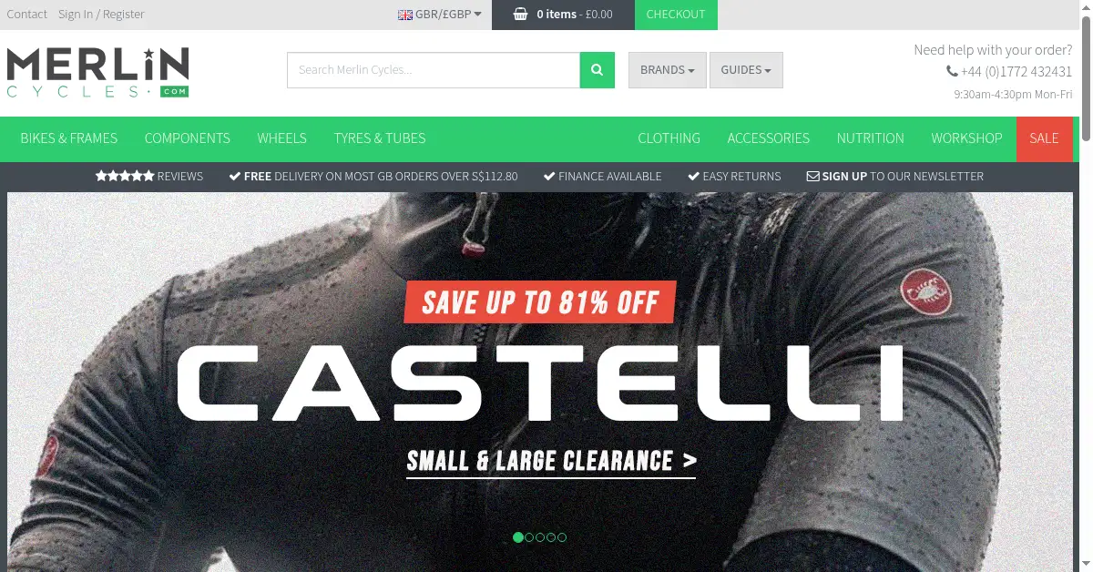 A picture of the homepage of merlincycles.com
