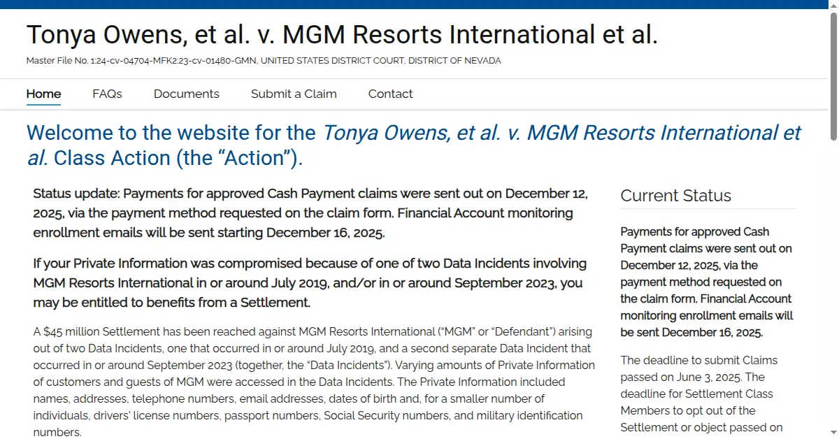 A picture of the homepage of mgmdatasettlement.com