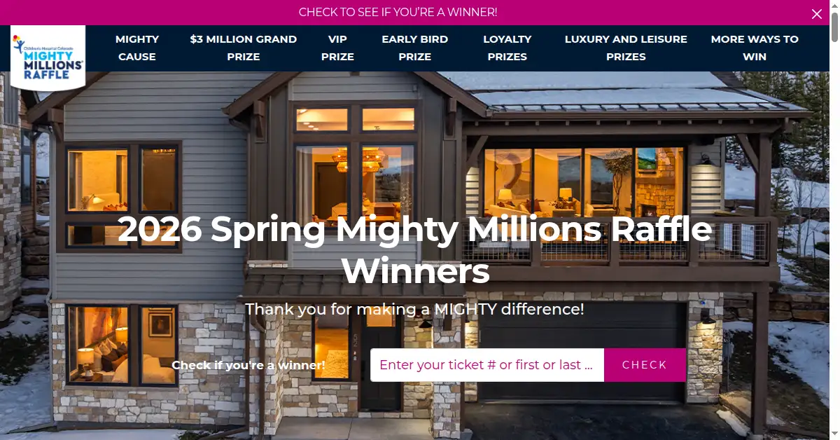 A picture of the homepage of mightymillionsraffle.com