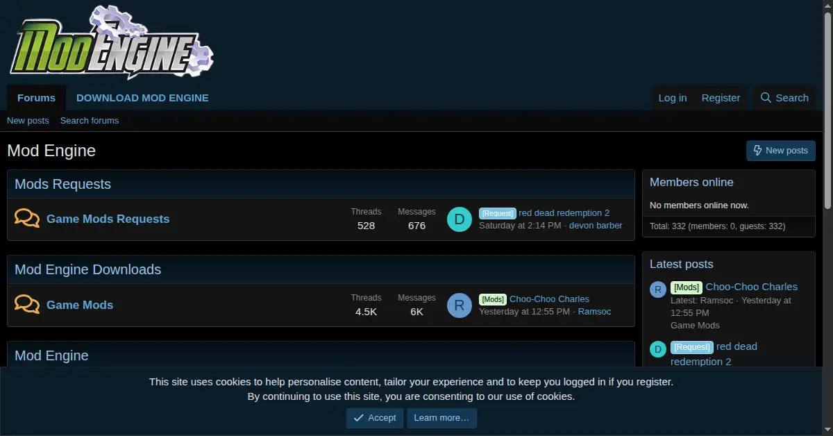 A picture of the homepage of modengine.net