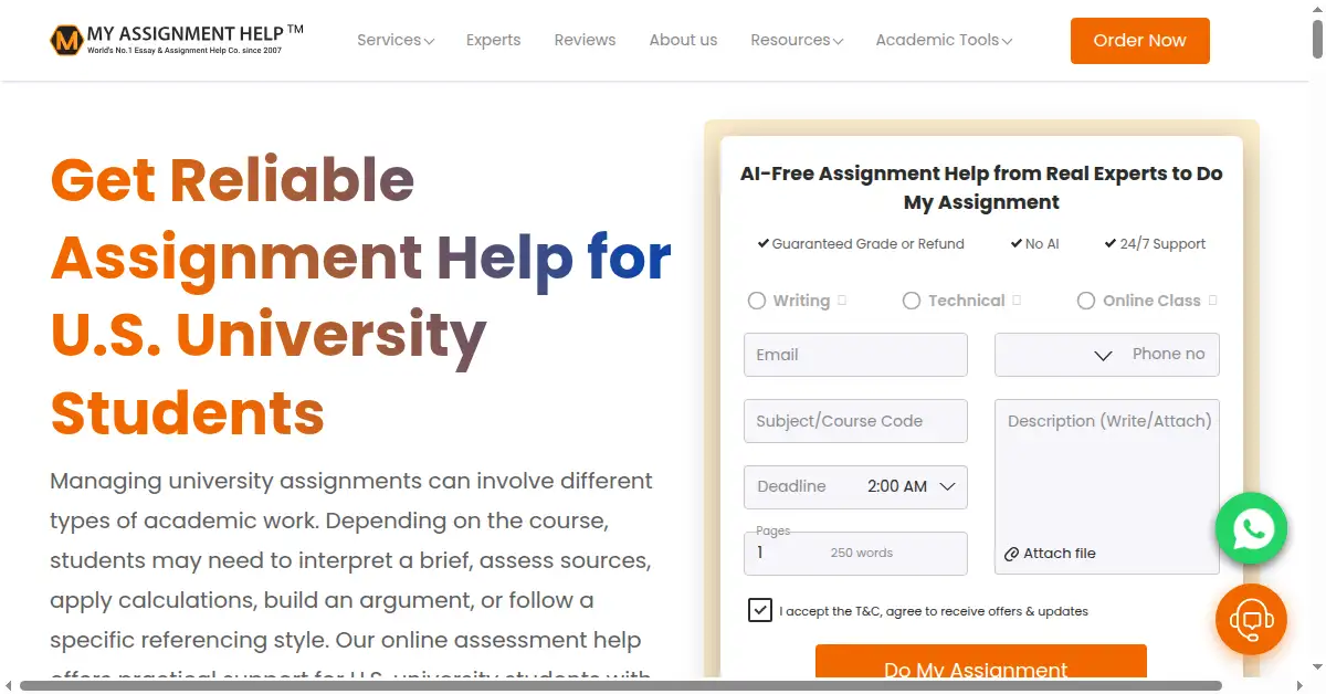 A picture of the homepage of myassignmenthelp.com