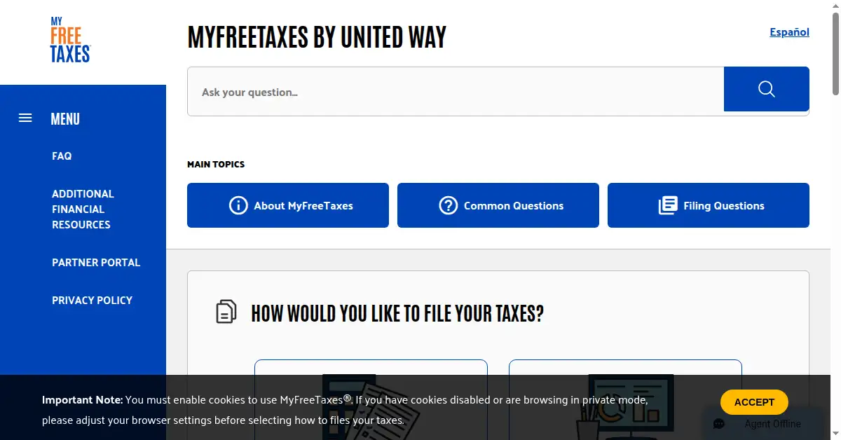 A picture of the homepage of myfreetaxes.com