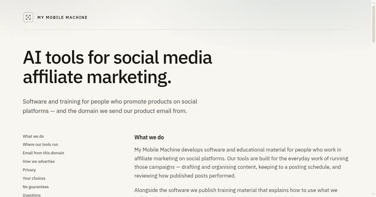 A picture of the homepage of mymobilemachine.com