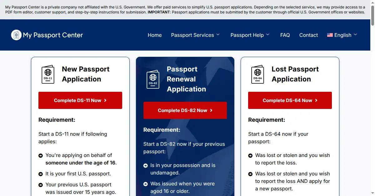 A picture of the homepage of mypassportcenter.com