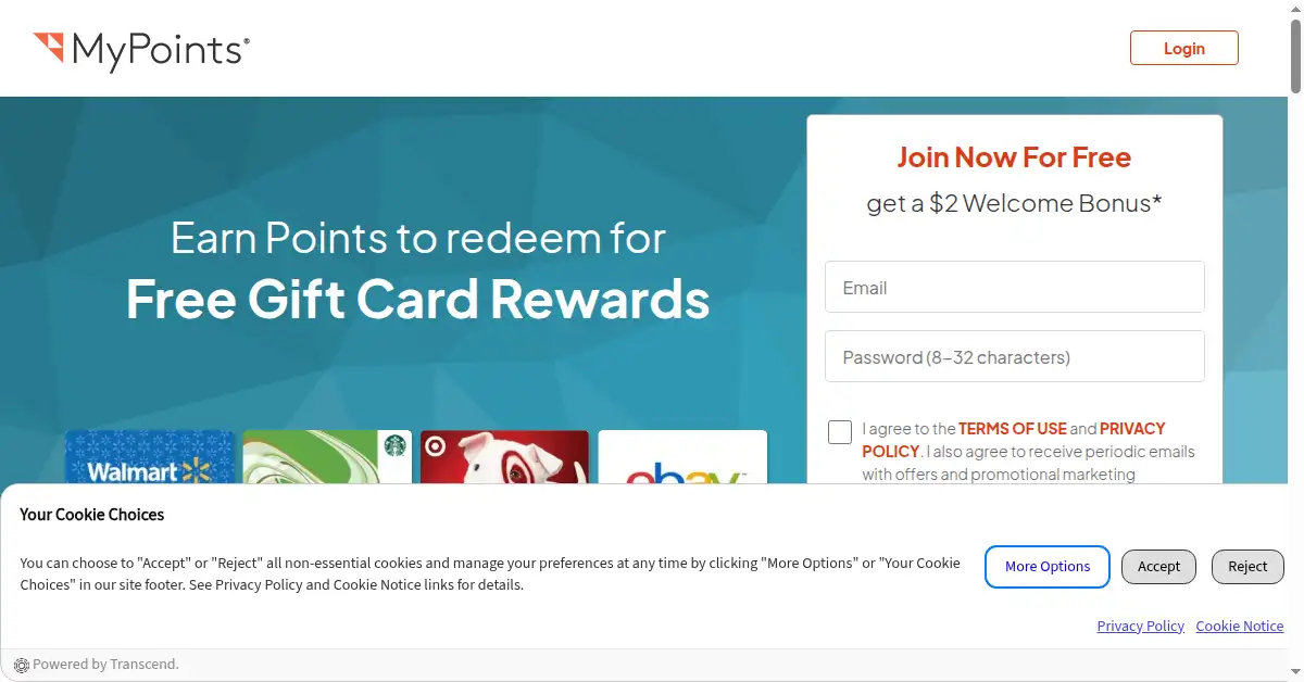 A picture of the homepage of mypoints.com