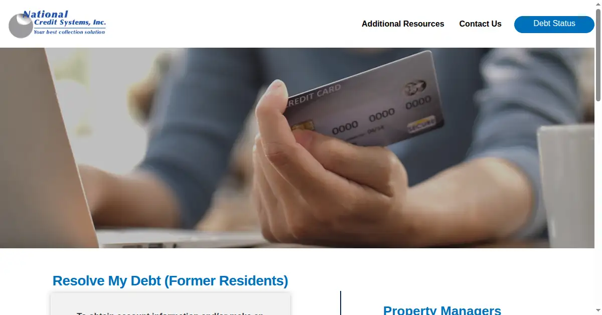 A picture of the homepage of nationalcreditsystems.com