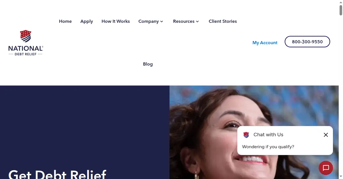 A picture of the homepage of nationaldebtrelief.com