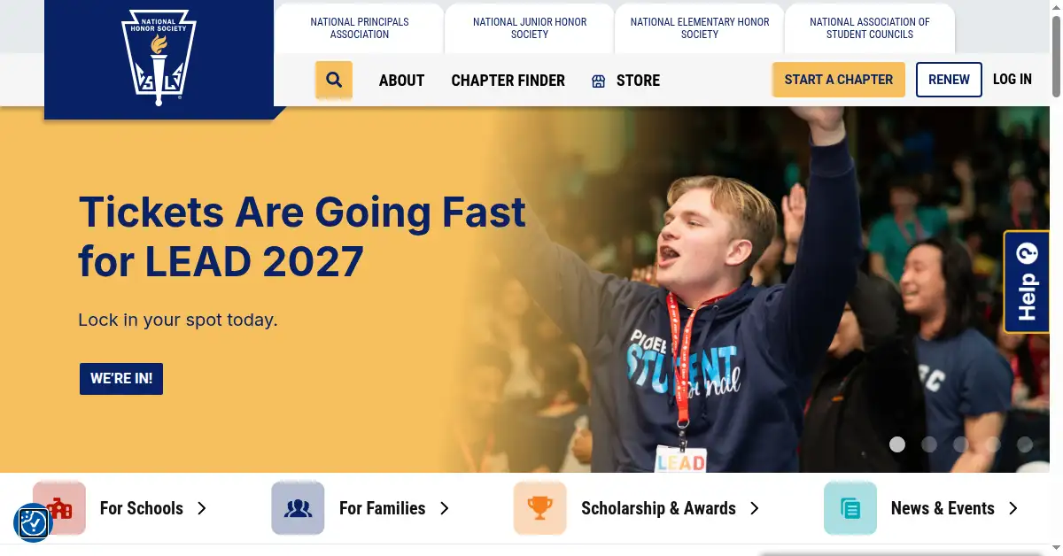 A picture of the homepage of nationalhonorsociety.org