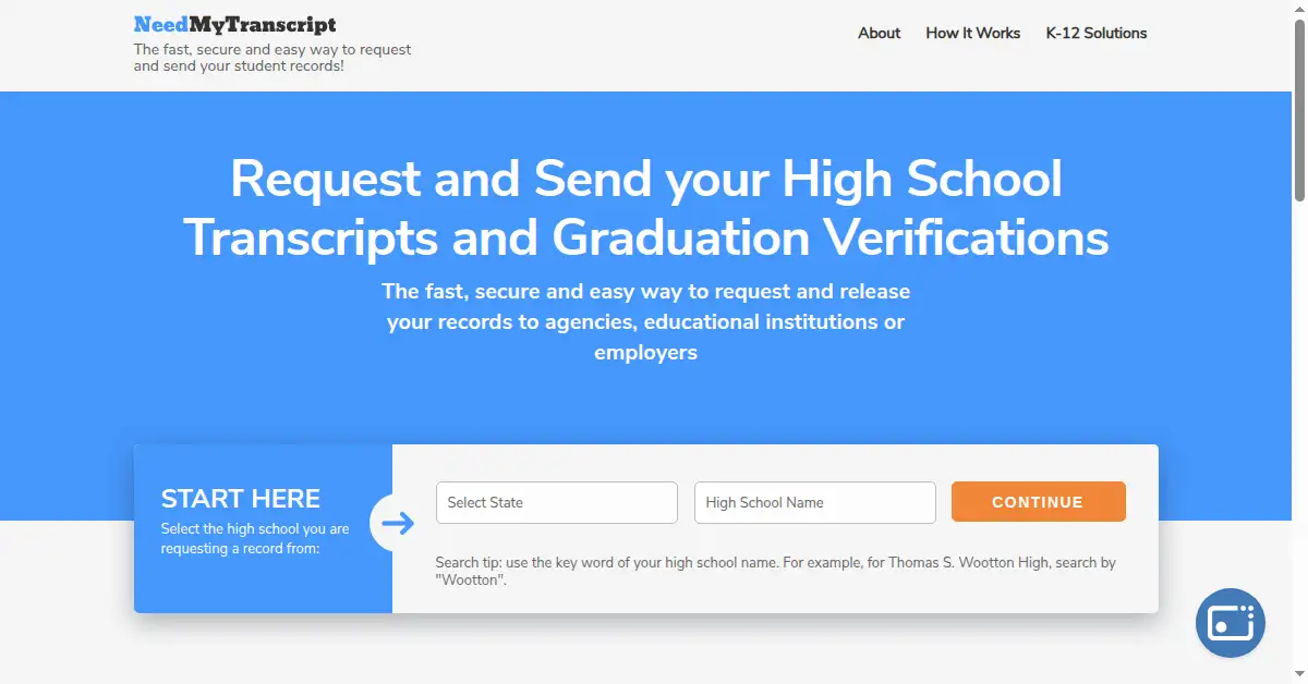 A picture of the homepage of needmytranscript.com