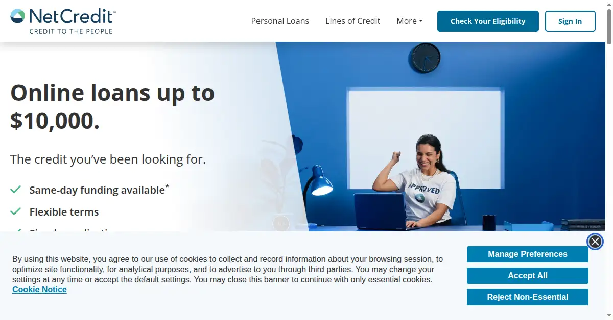 A picture of the homepage of netcredit.com
