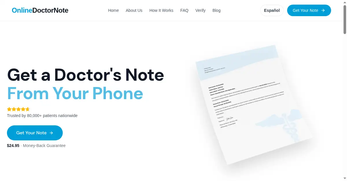A picture of the homepage of onlinedoctornote.com