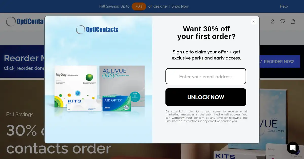 A picture of the homepage of opticontacts.com