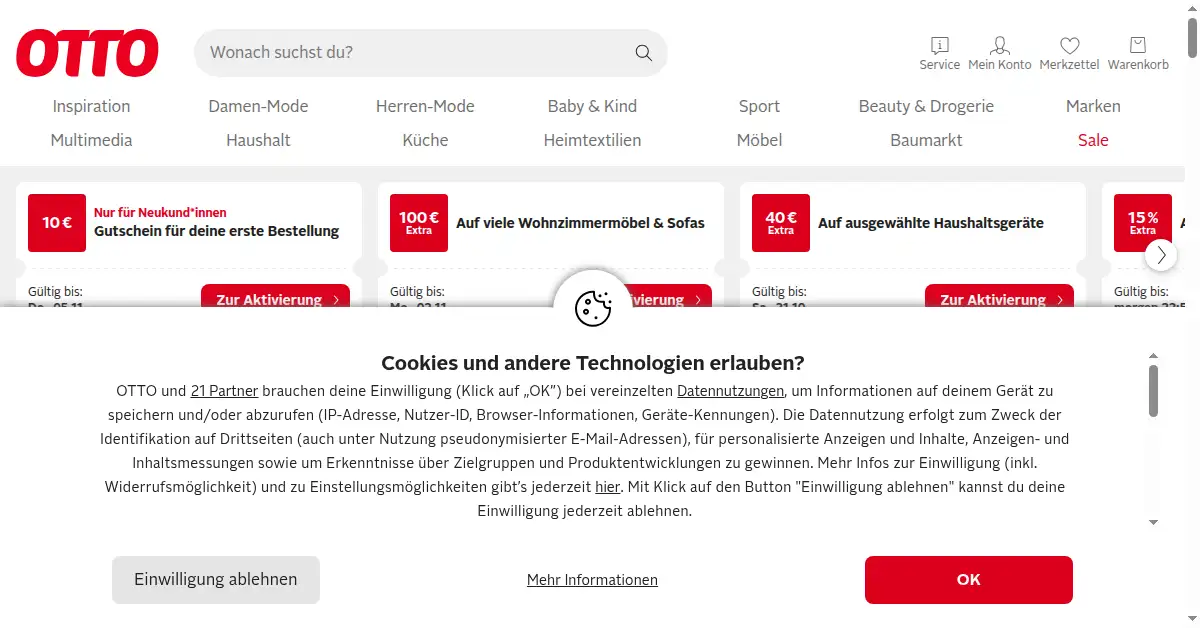 A picture of the homepage of otto.de