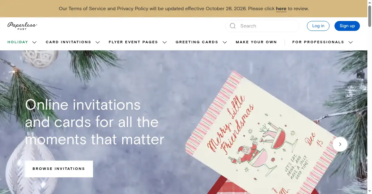 A picture of the homepage of paperlesspost.com