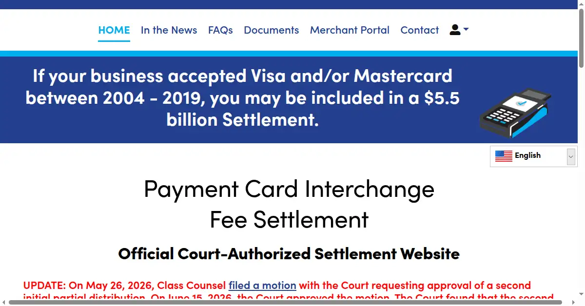 A picture of the homepage of paymentcardsettlement.com
