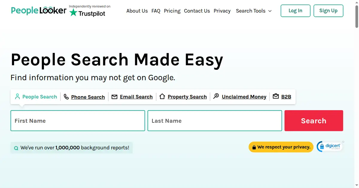 A picture of the homepage of peoplelooker.com
