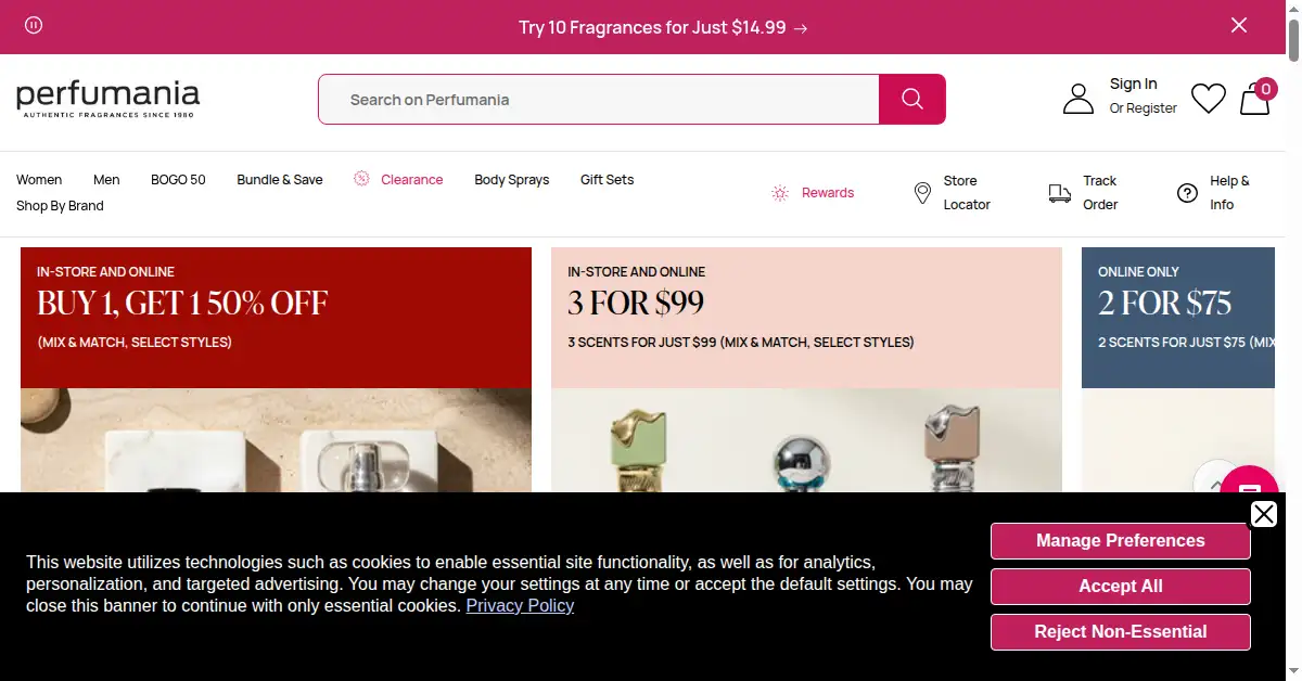 A picture of the homepage of perfumania.com