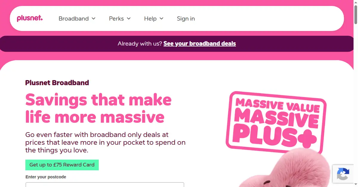 A picture of the homepage of plus.net