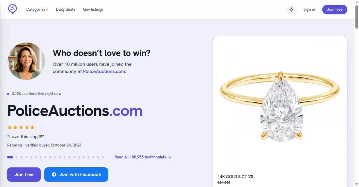 A picture of the homepage of policeauctions.com