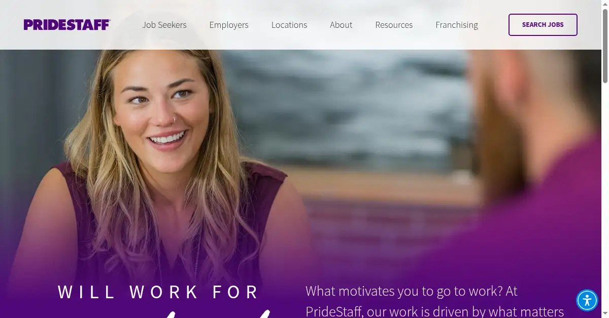 A picture of the homepage of pridestaff.com