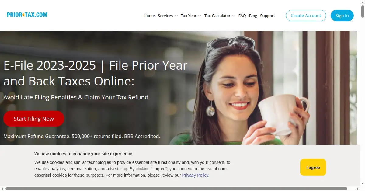 A picture of the homepage of priortax.com
