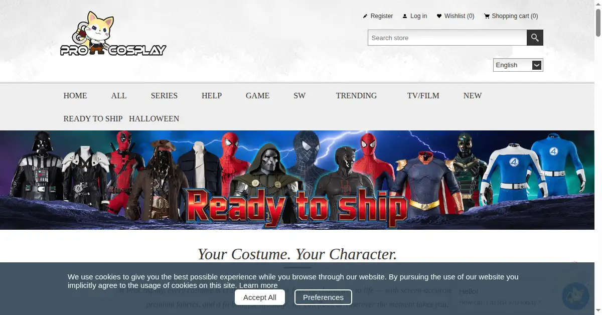 A picture of the homepage of procosplay.com