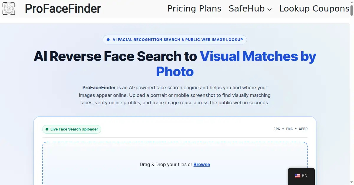 A picture of the homepage of profacefinder.com