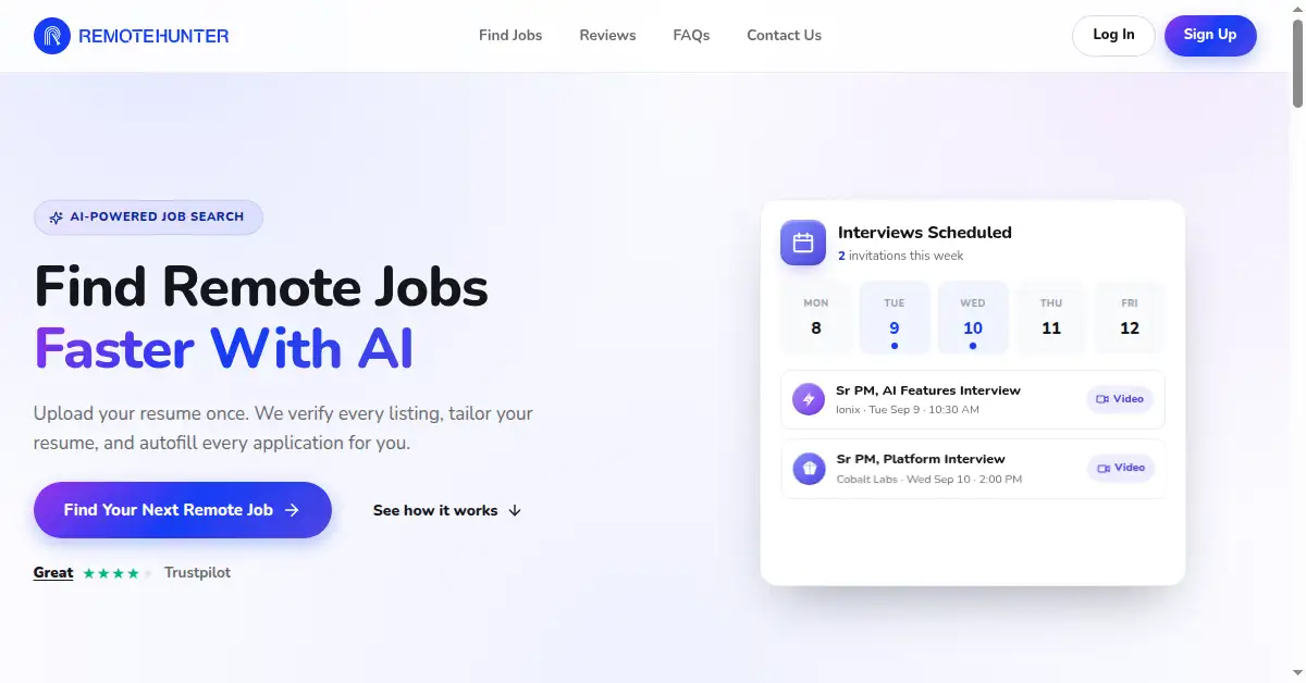 A picture of the homepage of remotehunter.com