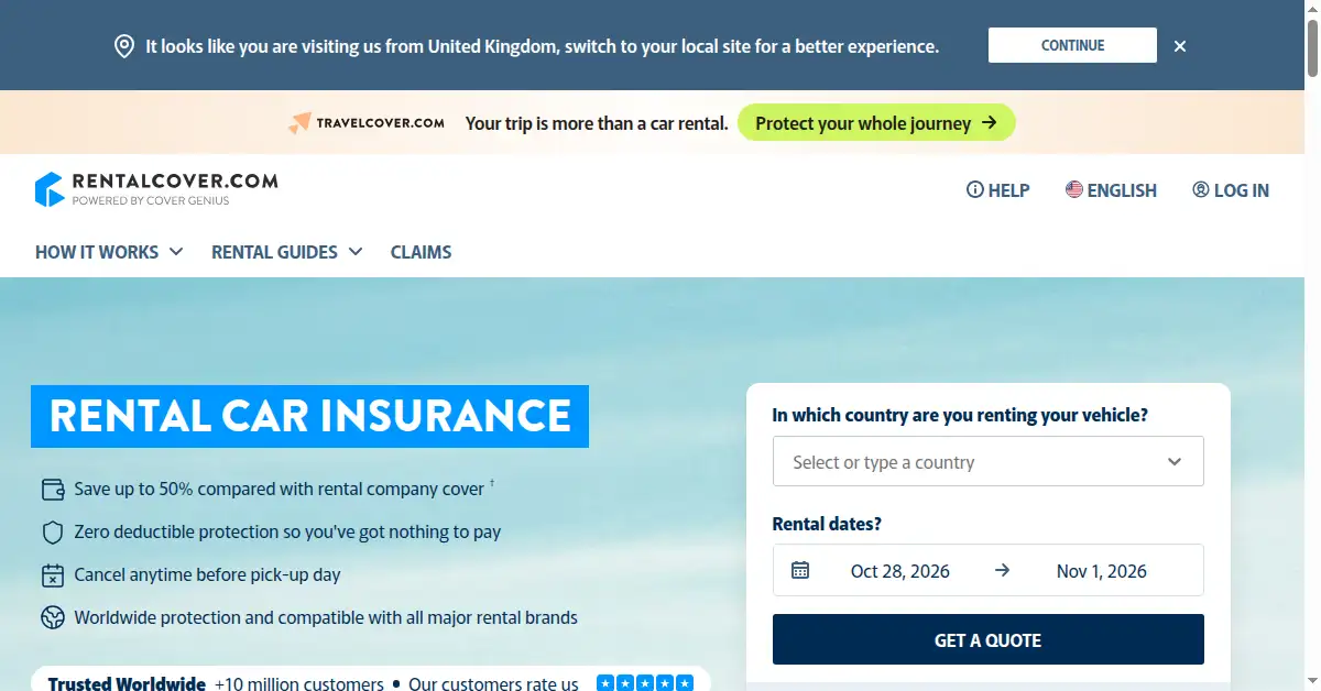 A picture of the homepage of rentalcover.com