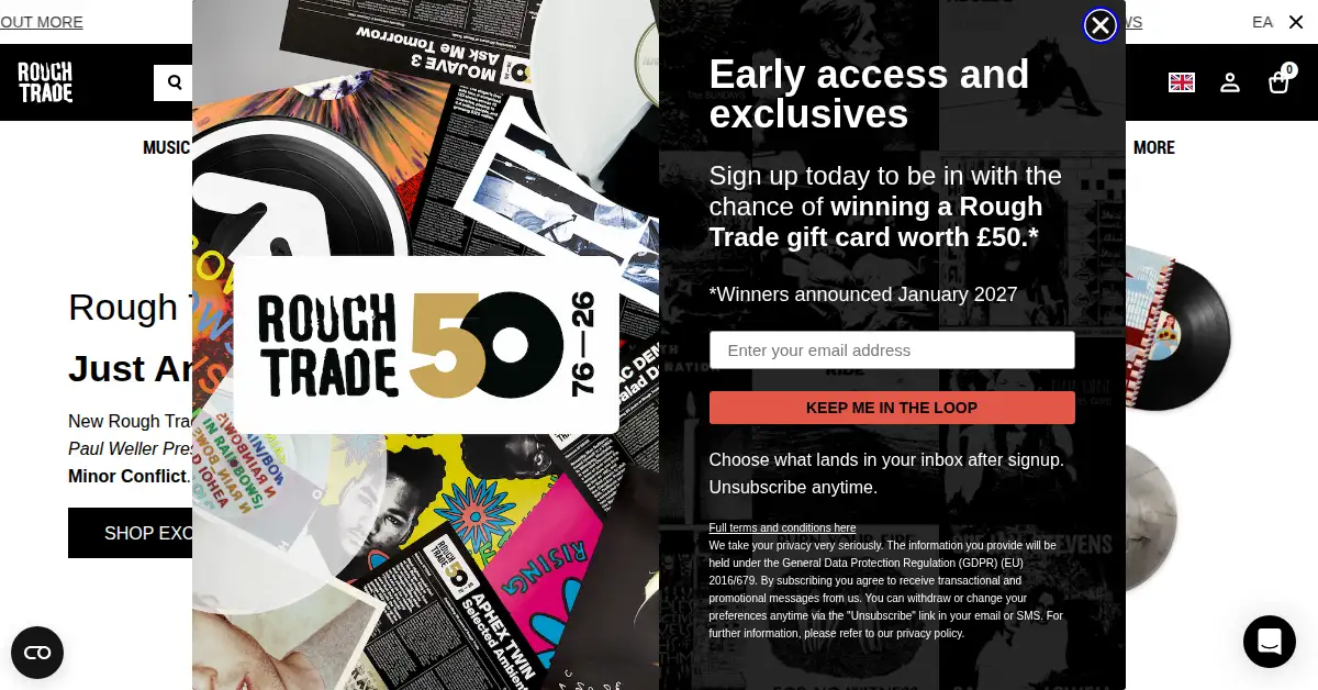 A picture of the homepage of roughtrade.com