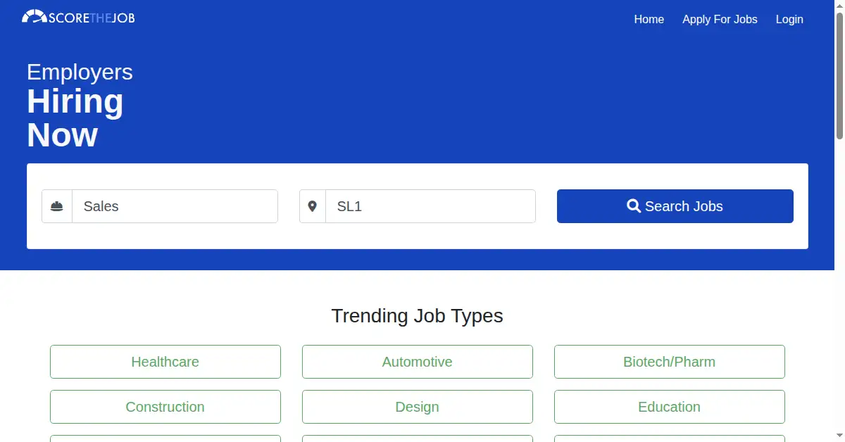 A picture of the homepage of scorethejob.com