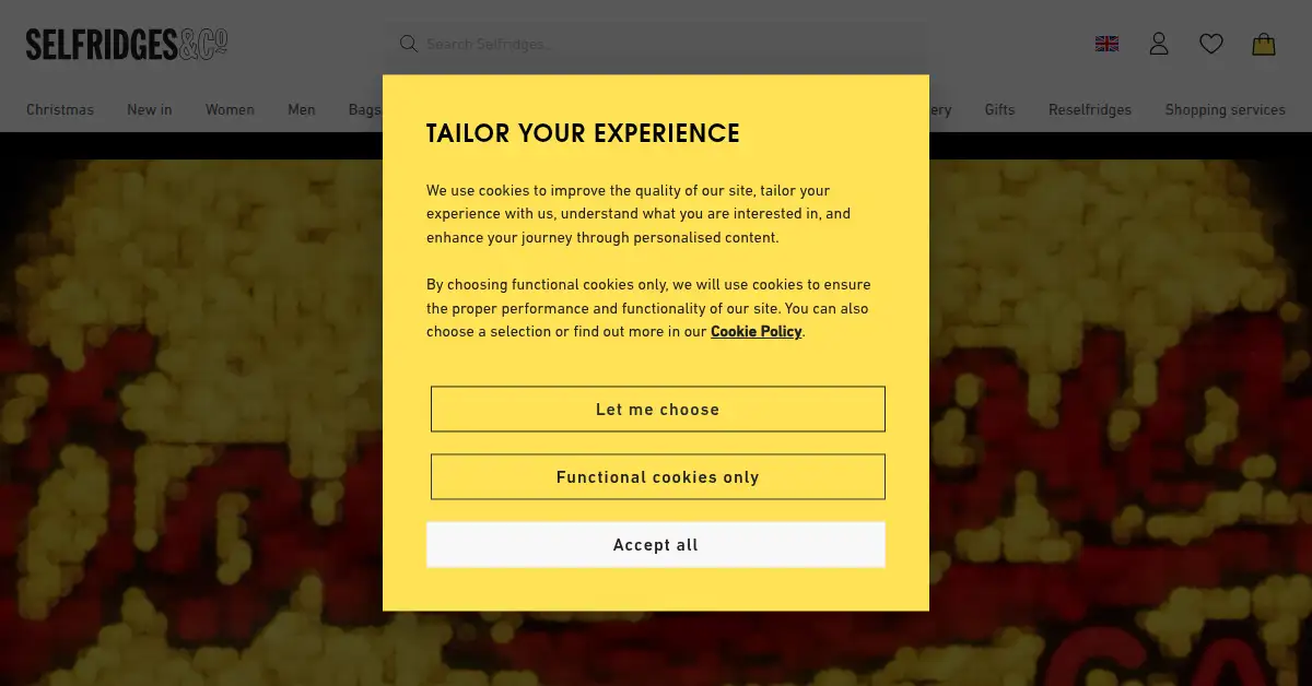A picture of the homepage of selfridges.com