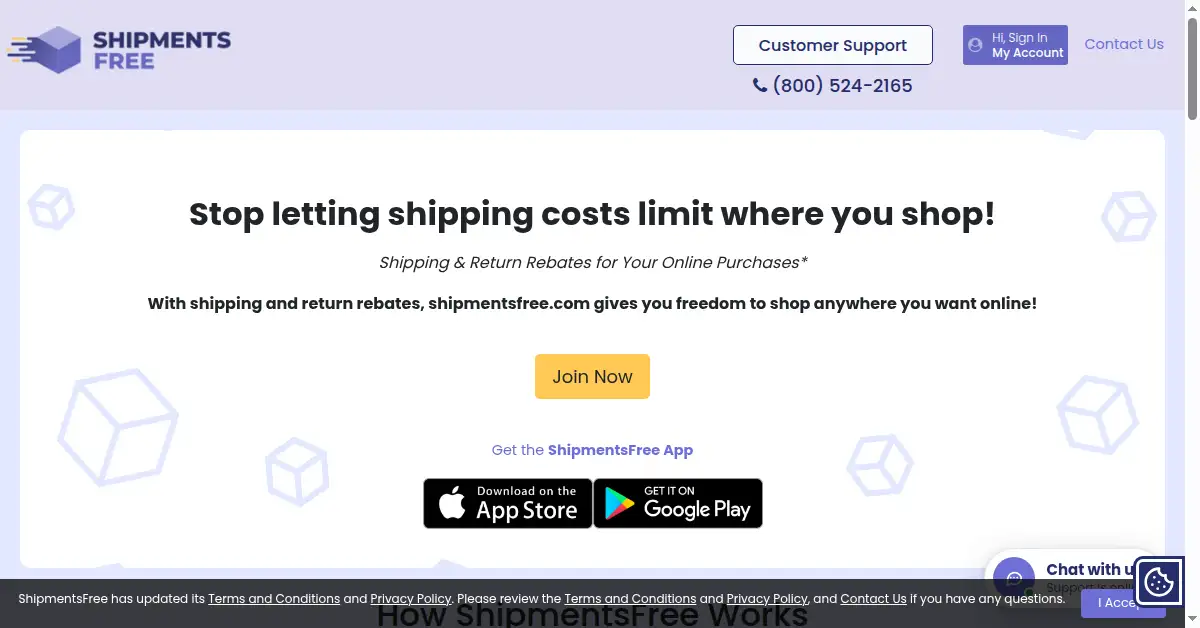 A picture of the homepage of shipmentsfree.com