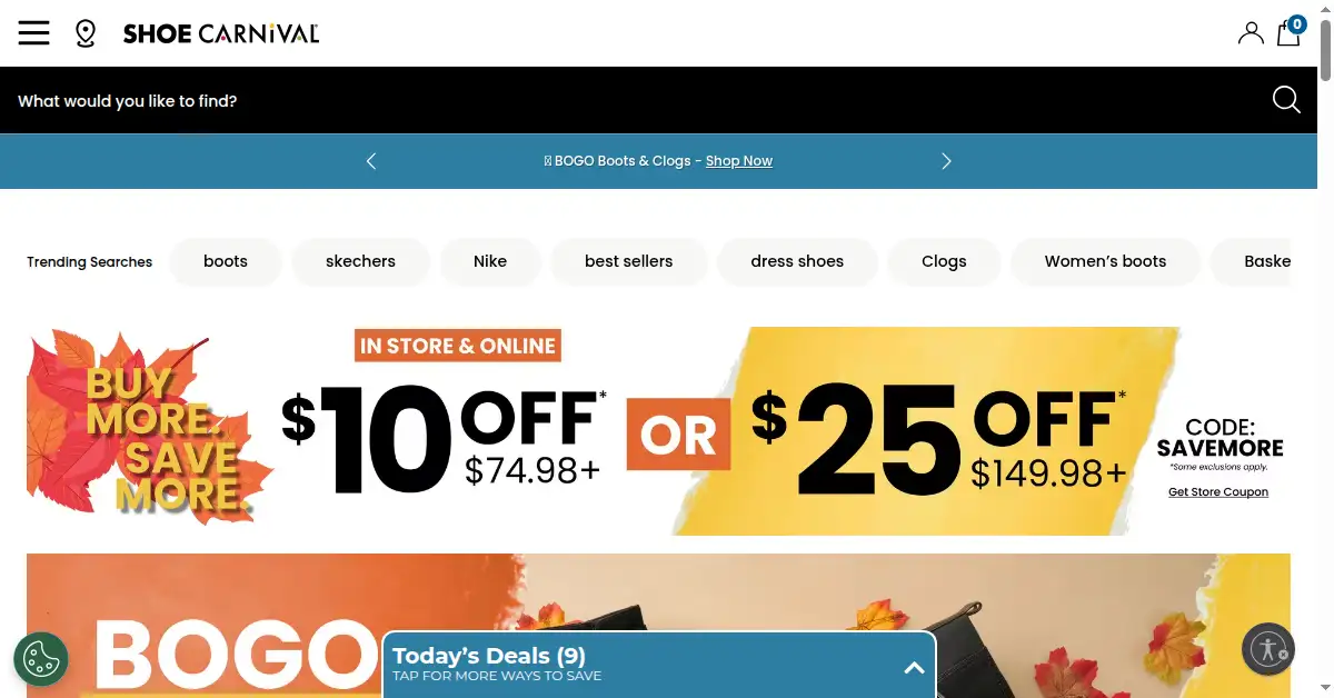 A picture of the homepage of shoecarnival.com
