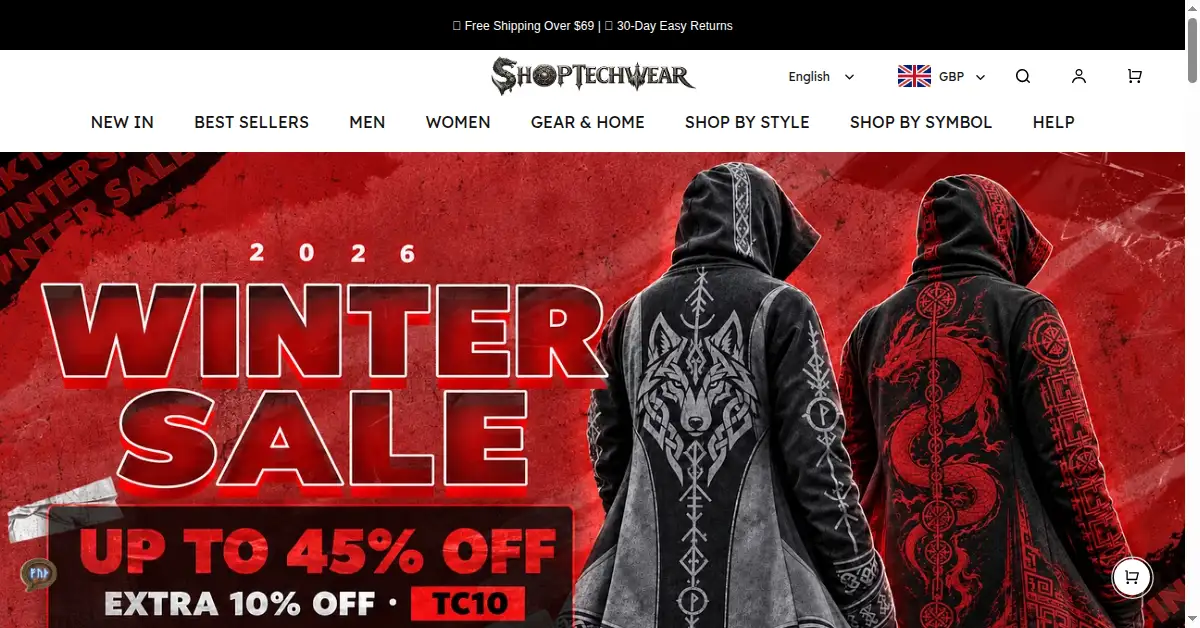 A picture of the homepage of shoptechwear.com