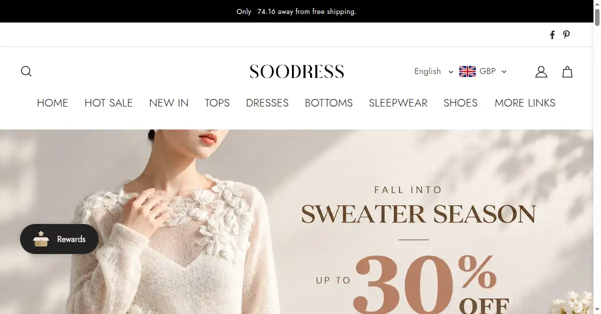 A picture of the homepage of soodress.com